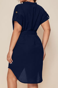 Plus Size Notched Tie Waist Mini Dress Women's Fashion Short Sleeve Short Dresses