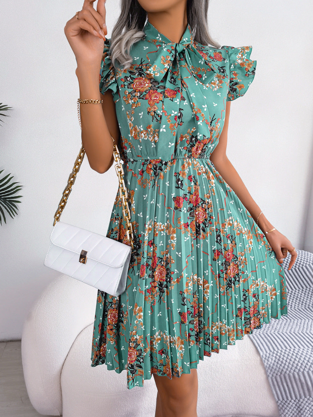 Pleated Floral Printed Tie Neck Knee Length  Short Sleeve Dress