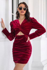 Velvet Twist Front Cutout Long Sleeve Mini Dress