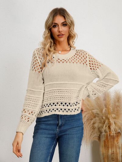 Womens Crochet Sweater Long Sleeve Casual Cutout Round Neck Knit Top