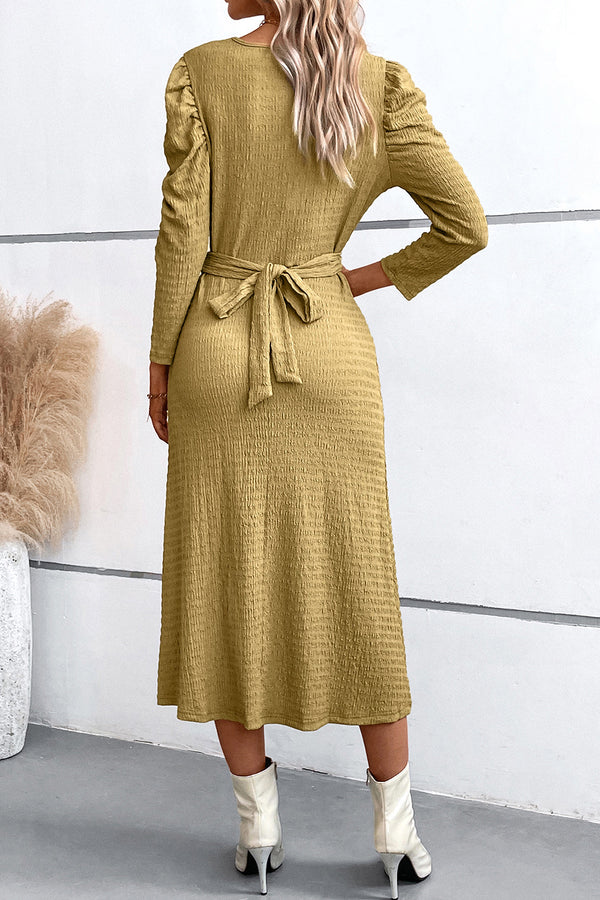 Crisscross Tied Puff  Casual Long Sleeve Midi Dress