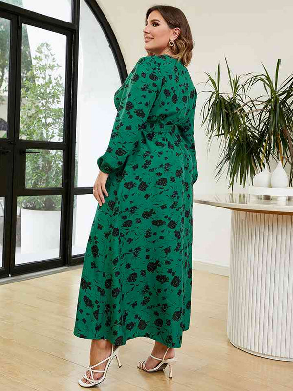 Plus Size Printed Long Sleeve Tie Neck Dress