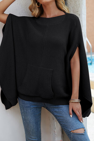 Waffle-Knit Pocketed Cape Sleeve Sleeveless Fashion Sweater