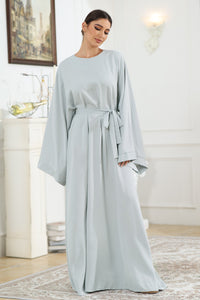 Solid Color Long Sleeve Flowy Maxi Dress Tunic Round Neck Kimono Sleeve Tie Waist Long Dress KESLEY