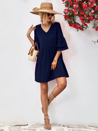 Womens Casual Holiday Vacation V-Neck Flare Sleeve Mini Dress