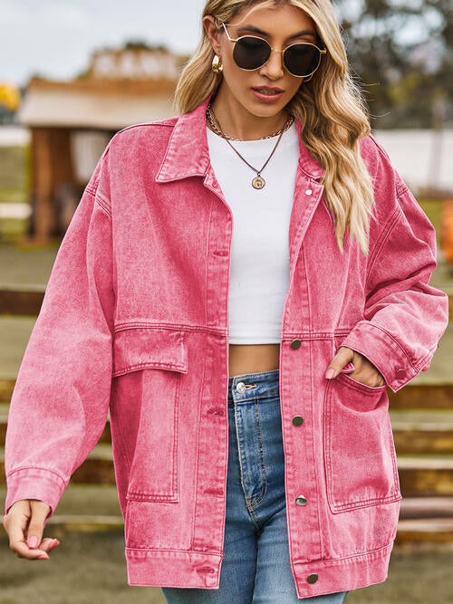 Collared Neck Button Up Denim Jacket - Shacket