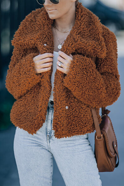 Fuzzy Snap Down Long Sleeve faux Fur Plush Jacket