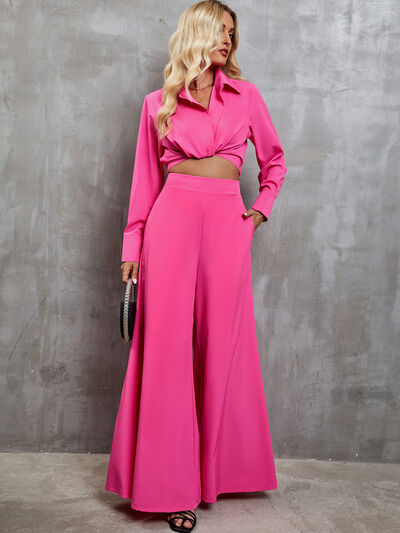 Pink Women’s Fashion Collared Neck Long Sleeve Top and Wide Leg Pants Set