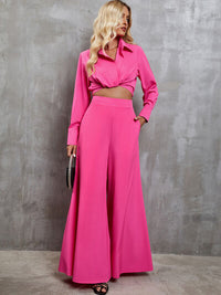 Pink Women’s Fashion Collared Neck Long Sleeve Top and Wide Leg Pants Set