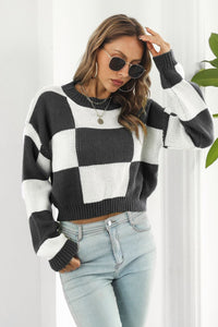 Women's Fashion Color Block Round Neck Dropped Shoulder Sweater