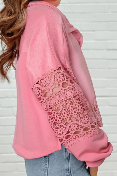 Pink Crochet Sweater Snap Button Womens Fashion Sweatshirt