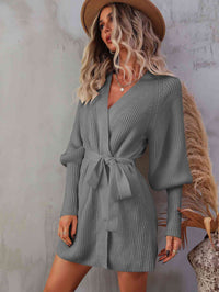 Women's Fashion Long Open Sweater Belted Surplice Lantern Sleeve Wrap Sweater Dress