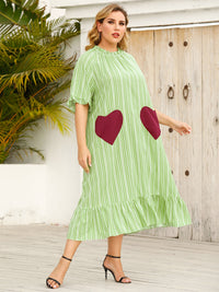 Plus Size Fashion Green Striped Dress With Red Heart Print Half Sleeve Midi Dress