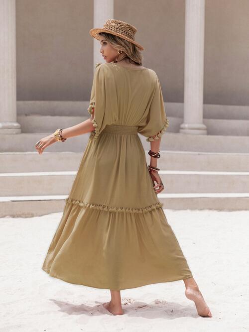 Tassel Trim Smocked V-Neck Short Sleeve Maxi Dress