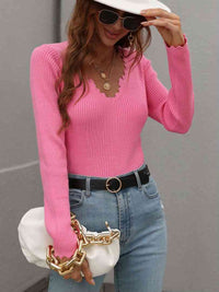 Long Sleeve Shirt Women's V-Neck Ribbed Knit Top