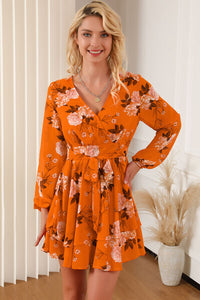 Womens Long Sleeve Orange Floral Surplice Layered Tie-Waist Short Mini Dress