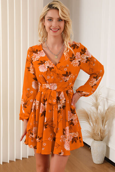 Womens Long Sleeve Orange Floral Surplice Layered Tie-Waist Short Mini Dress