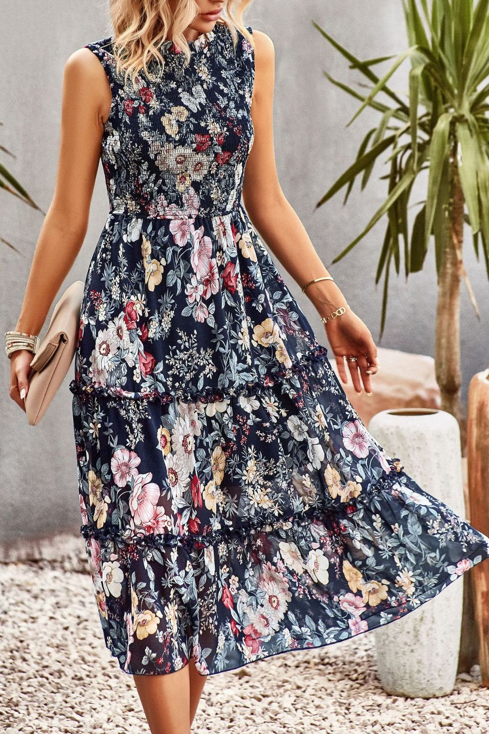 Frill Trim Smocked Sleeveless Floral Midi Dress