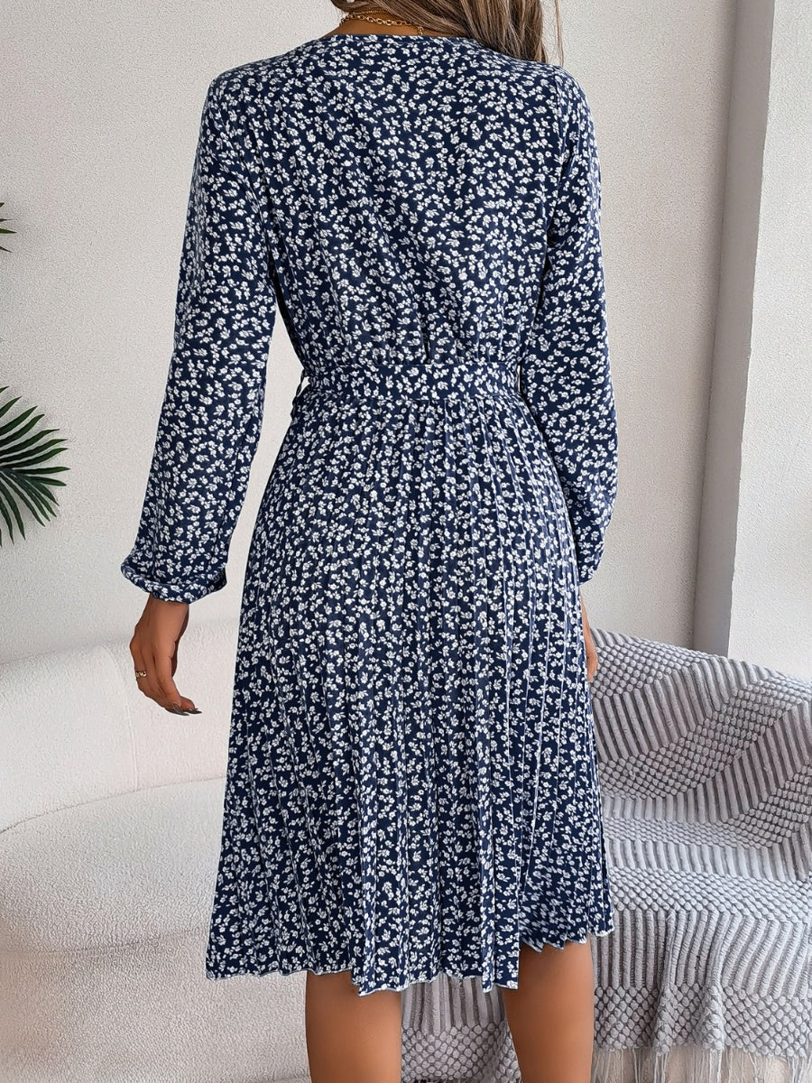 Ditsy Floral Tie Waist Pleated Long Sleeve Dress Women's Casual Wear and Workwear Fashion