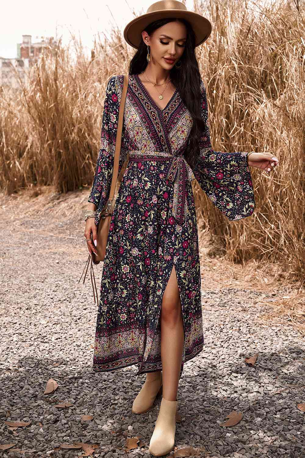 Bohemian Surplice Neck Slit Dress