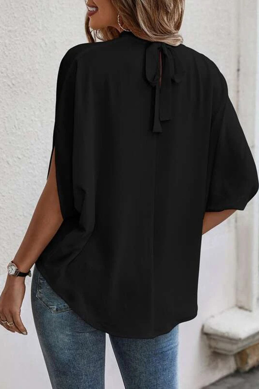 Tie Back Slit Half Sleeve Blouse Women's Solid Color Loose Fit Top