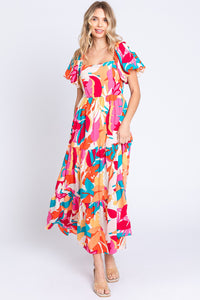 KELSEY Short Sleeve Maxi Dress Women's Fashion Casual Colorful Printed Smocked Back Tiered Long Dress Petite and Plus Size Fashion Dresses Casual Wear