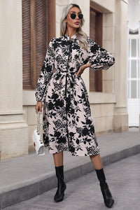 Floral Balloon Sleeve Tied Long Sleeve Casual Midi Dress