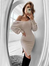 Slit Balloon Long Sleeve Sleeve Sweater Ribbed Bodycon Mini Dress