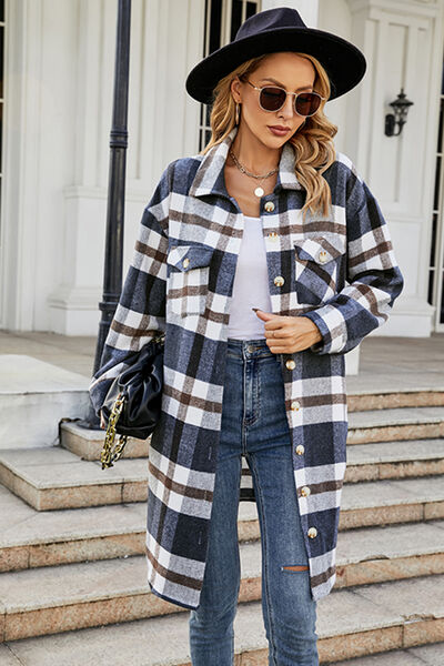 Plaid Button Up Collared Neck Coat Jacket Long Sleeve Button Down Shirt with Pockets