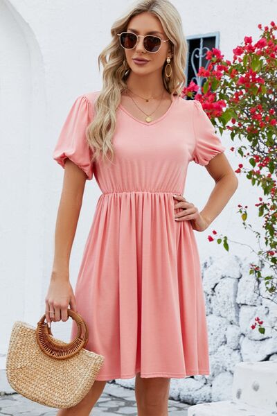 Womens V-Neck Balloon Short Sleeve Dress