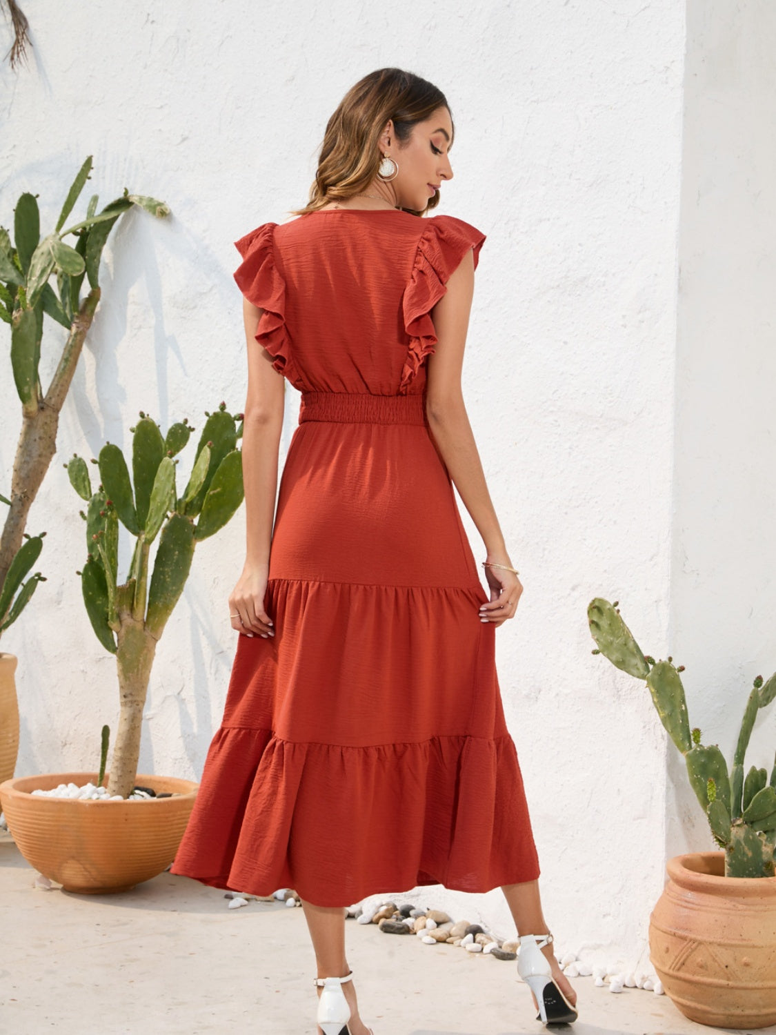 Cinch Waist Tiered Ruffled V-Neck Short Sleeve Maxi Dress New Women's Fashion casual day dresses