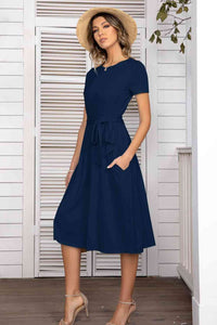 Women's Casual Work Dress Belted Tee Shirt Short Sleeve Midi Dress With Pockets