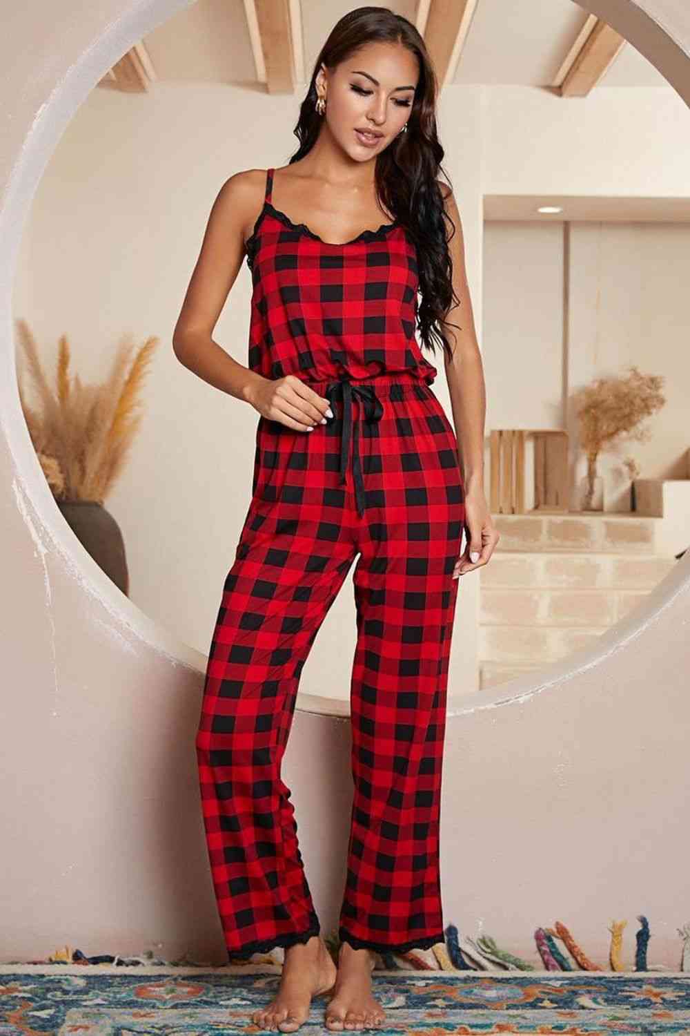 Womens Pajamas Loungewear Plaid Lace Trim Spaghetti Strap Jumpsuit