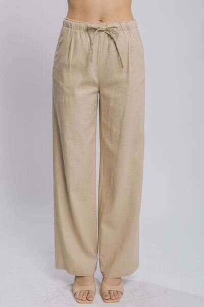 Women's Khaki Drawstring Pants Wide Leg Pockets Linen Good Quality casual Fashion