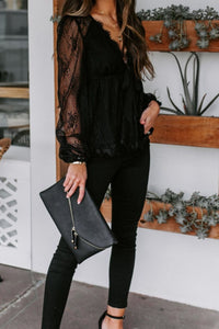 Cotton Blouse Lace Detail Plunge Neckline Long Sleeve New Women's Fashion Low Cut V neckline Top