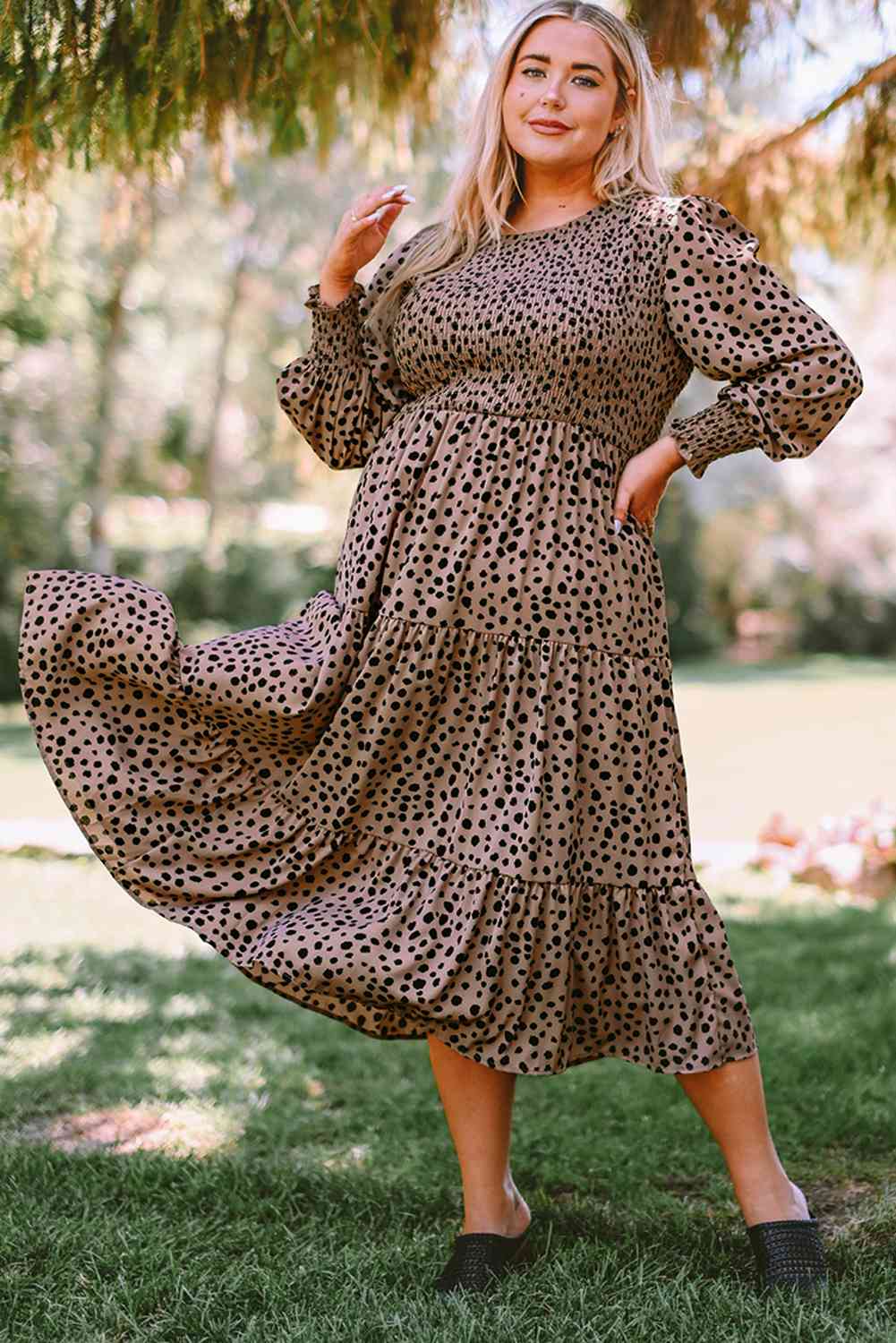 Plus Size Animal Print Smocked Tiered Casual Long Sleeve Dress