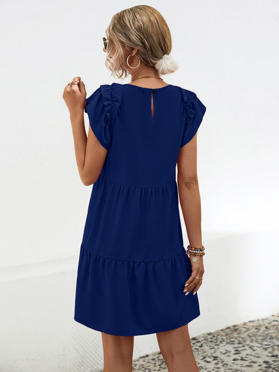 Solid Color Casual Short Sleeve Short Dress Women's fashion Ruffled Round Neck Cap Sleeve Mini Dress