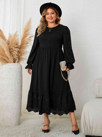 Black Long Sleeve Casual Plus Size Flounce Sleeve Lace Detail Dress