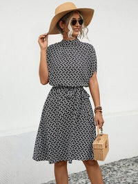 Waist Tied Black and White Printed Mock Neck Short Sleeve Dress