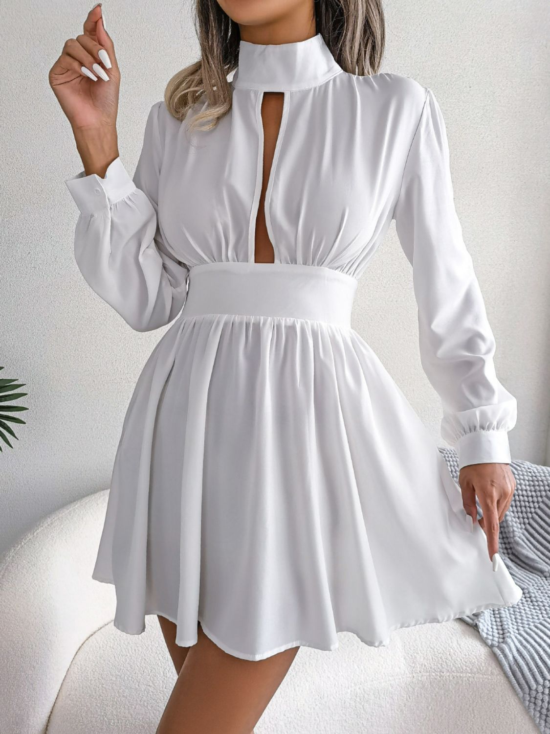 Cutout Turtleneck A-Line Long Sleeve Mini Dress