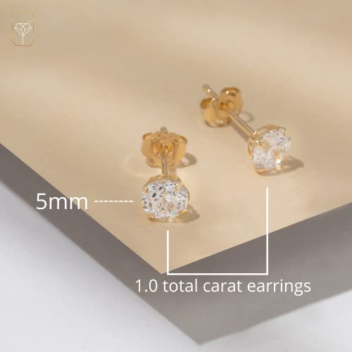 14k Yellow Gold Swarovski Earrings for Women & Men with Genuine Round Swarovski | Cubic Zirconia Earrings Studs with Gold Earring Backs | 1 Carat total | by MAX + STONE