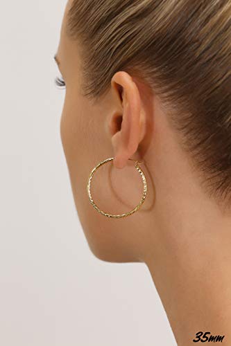 14k Yellow Gold Hand Engraved Full Diamond-cut Round Hoop Earrings (35mm (1.4 inch))