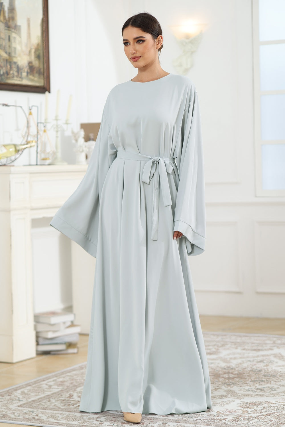 Solid Color Long Sleeve Flowy Maxi Dress Tunic Round Neck Kimono Sleeve Tie Waist Long Dress KESLEY