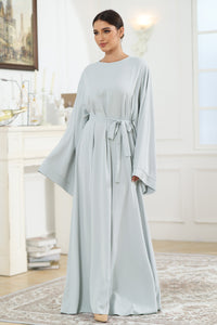 Solid Color Long Sleeve Flowy Maxi Dress Tunic Round Neck Kimono Sleeve Tie Waist Long Dress KESLEY