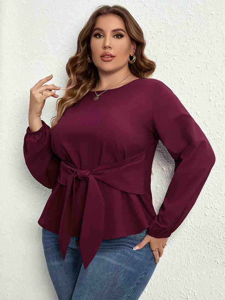 Plus Size Round Neck Tie Waist Long Sleeve Blouse