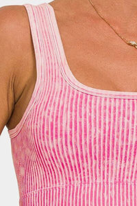 KESLEY Pink Cropped Yoga Top Ribbed Square Neck Wide Strap Tank Nylon and Spandex Fast dry