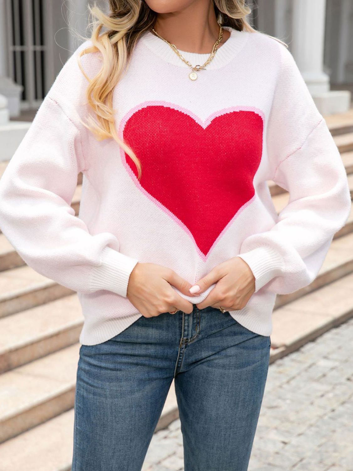 Fashion Sweater Women's Fashion Red Heart Print Round Neck Long Sleeve Sweater