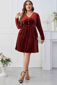 Melo Apparel Plus Size V-Neck Decorative Button Knee Length Dress