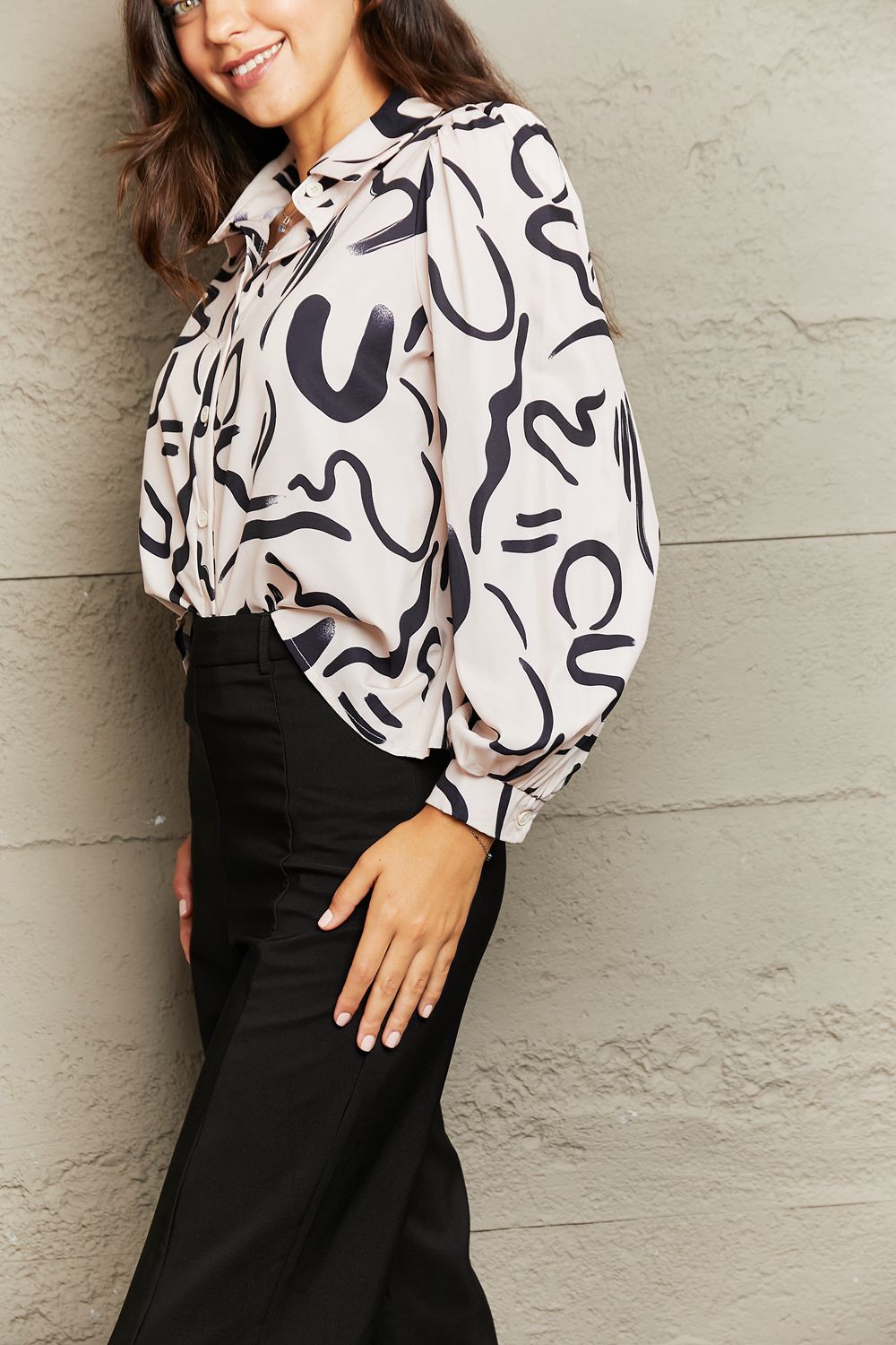 Black and White Printed Blouse Collared Neck Button-Down Long Sleeve Shirt