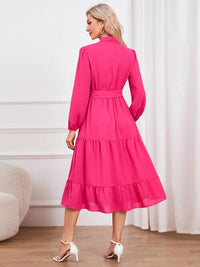 Womens Fashion Tie Neck Long Sleeve Tiered Midi Dress